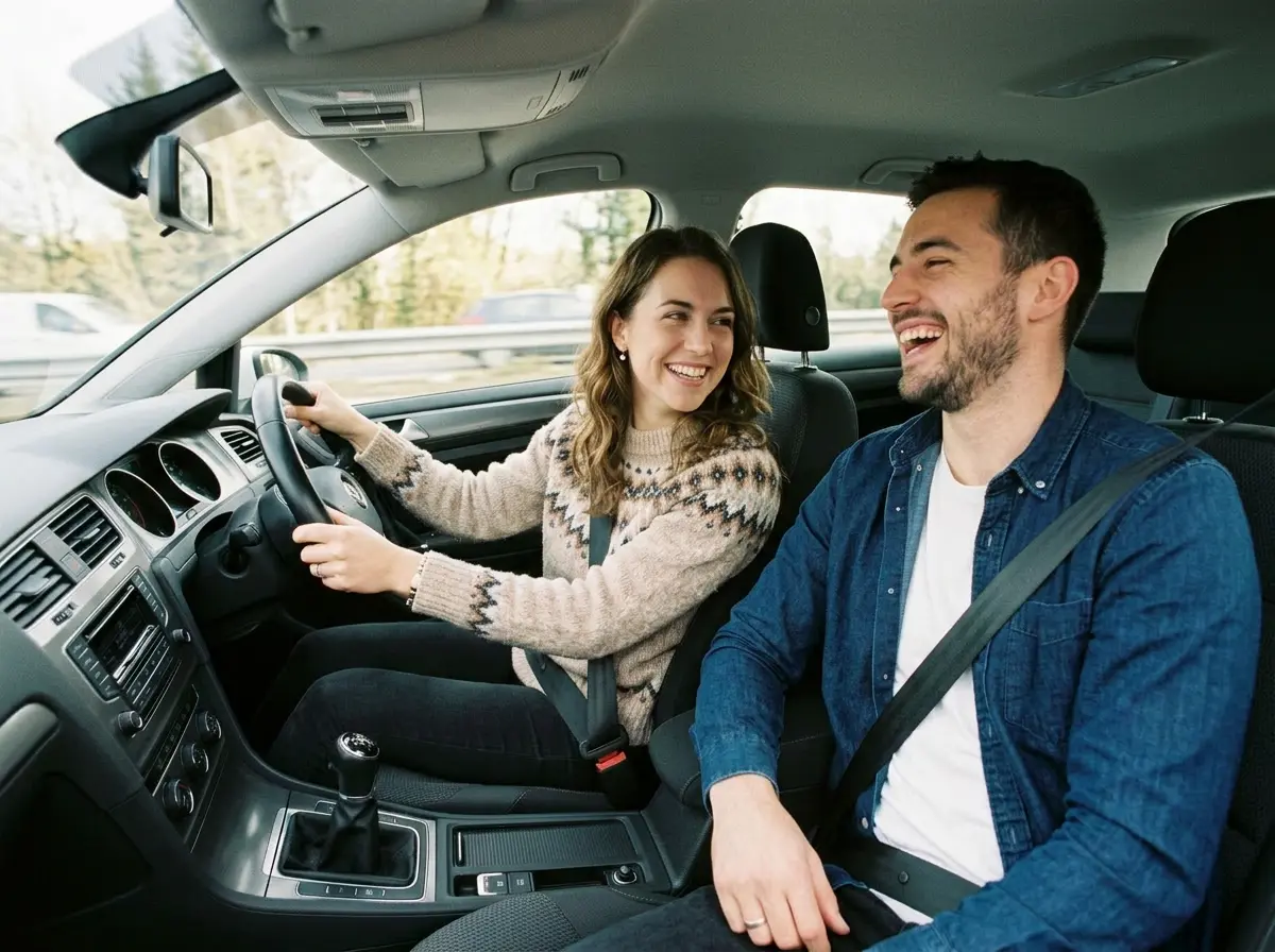 Casal sorrindo dentro do carro